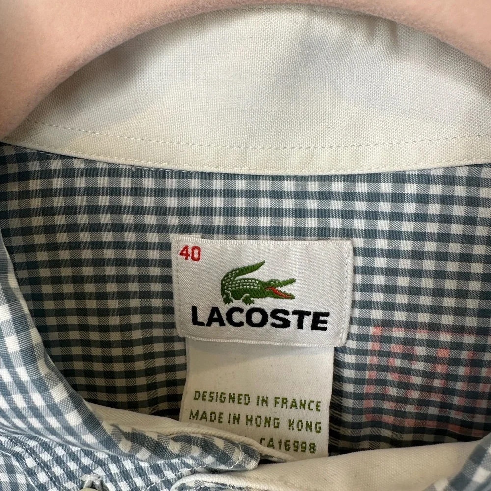 Lacoste Men's Sage Green Off-White Checkered Button Up Shirt Size 40 EUC